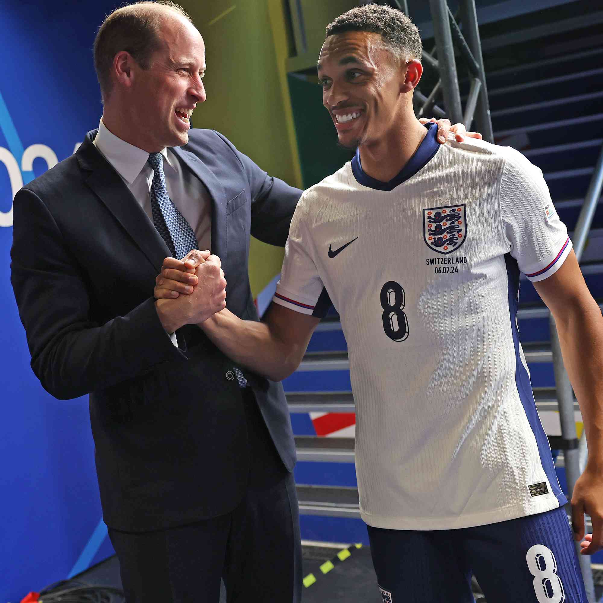 Prince William, Prince of Wales and President of The Football Association, congratulates Trent Alexander-Arnold of England in the tunnel following victory in the penalty shoot-out during the UEFA EURO 2024 