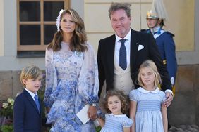 Princess Madeleine, Princess Adrienne, Princess Leonore, Prince Nicolas and Christopher O'Neill attend Prince Julian's baptism outside Drottningholm Castle Chapel