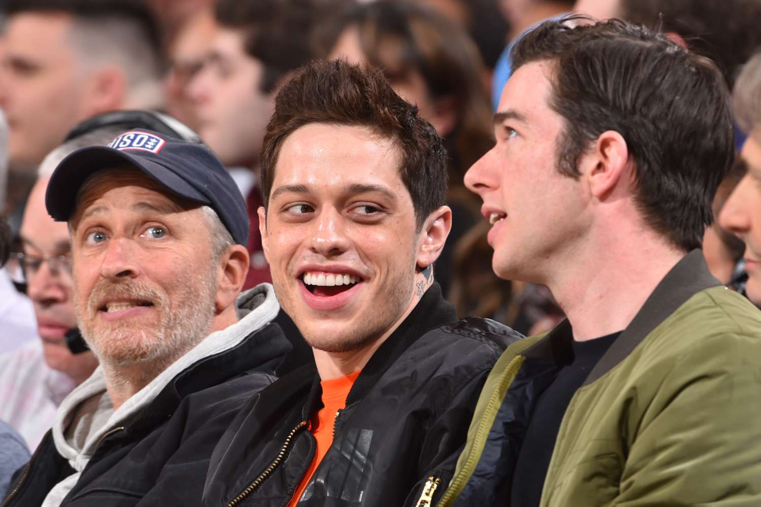 Jon Stewart, Pete Davidson and John Mulaney attend the game between the New York Knicks and Chicago Bulls on April 1, 2019 at Madison Square Garden in New York City, New York