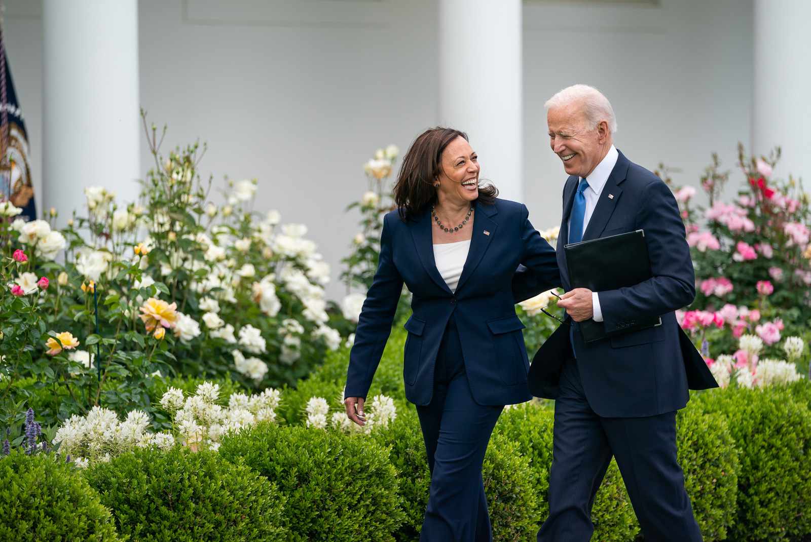 President Joe Biden, joined by Vice President Kamala Harris, after delivering remarks on the CDCâs updated guidance on mask wearing for vaccinated individuals Thursday, May 13, 2021, in the Rose Garden of the White House.