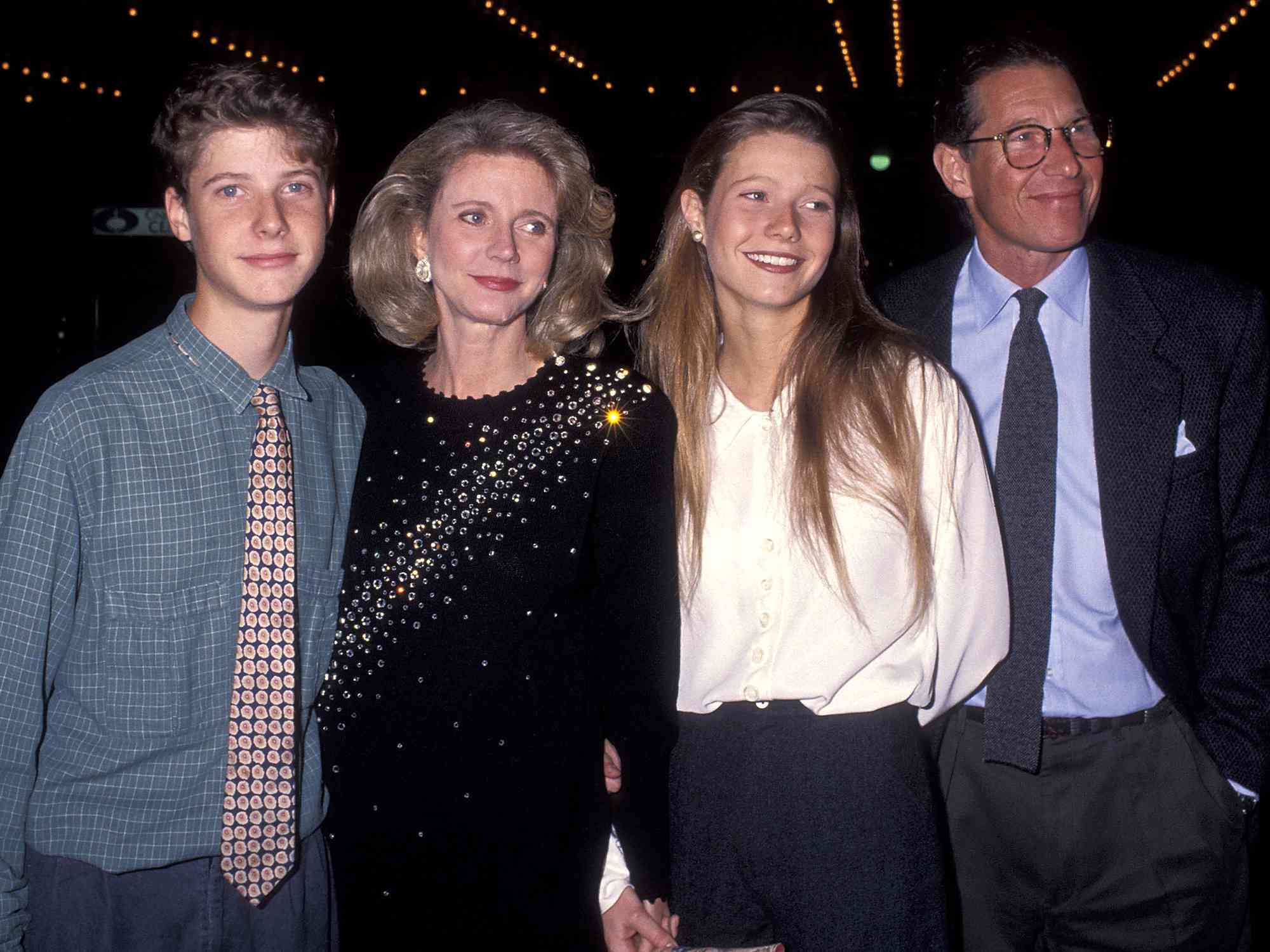 Jake Paltrow, actress Blythe Danner, actress Gwyneth Paltrow and producer Bruce Paltrow attend "The Prince of Tides" Century City Premiere on December 11, 1991 at Cineplex Odeon Century Plaza Cinemas in Century City, California