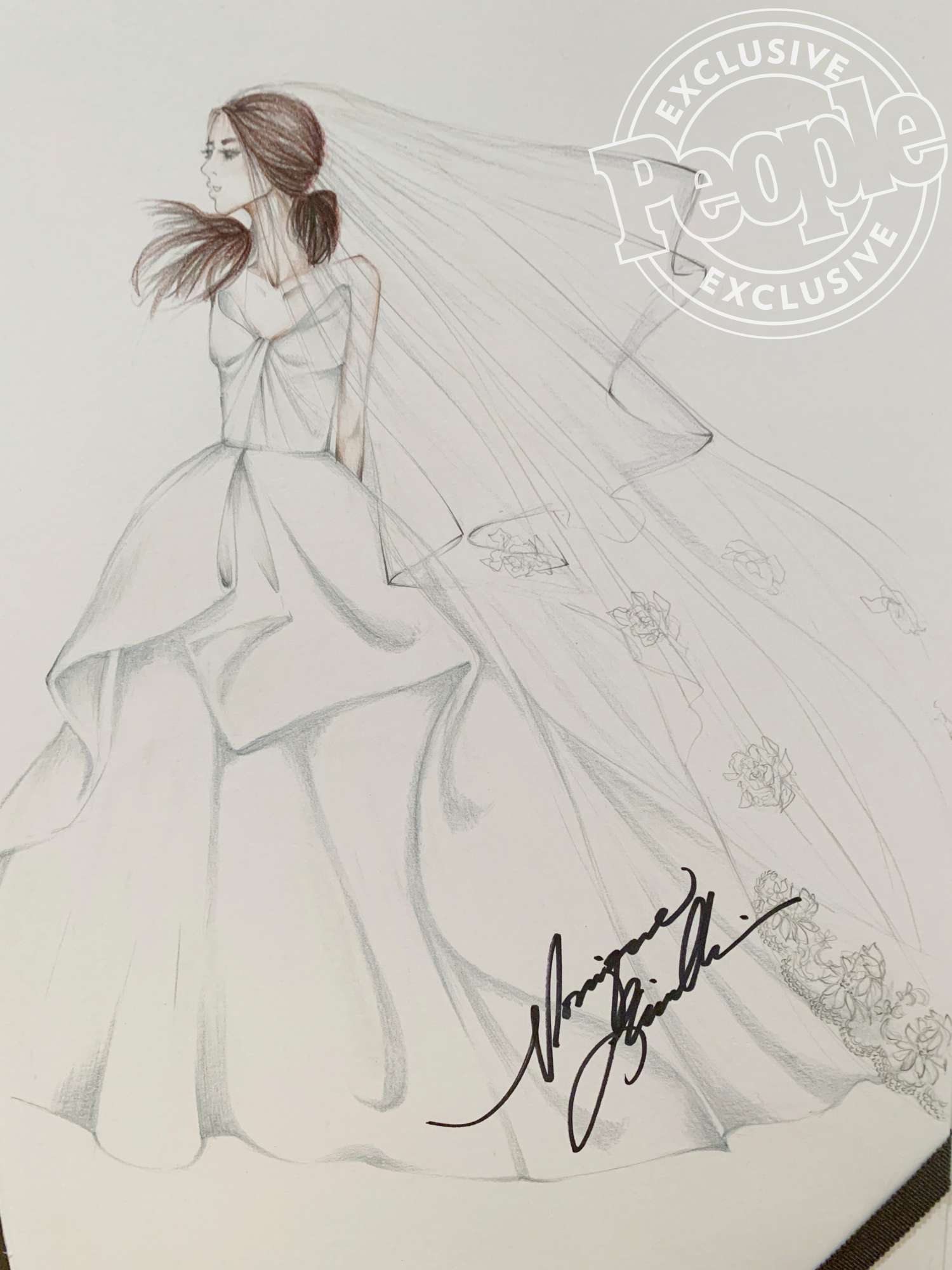 Sketch of Lea Michele wedding dress from Monique Lhuillier