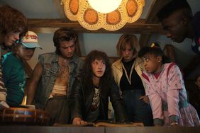 STRANGER THINGS. (L to R) Natalia Dyer as Nancy Wheeler, Gaten Matarazzo as Dustin Henderson, Joe Keery as Steve Harrington, Joseph Quinn as Eddie Munson, Maya Hawke as Robin Buckley, Priah Ferguson as Erica Sinclair, Sadie Sink as Max Mayfield, and Caleb McLaughlin as Lucas Sinclair in STRANGER THINGS. Cr. Courtesy of Netflix © 2022