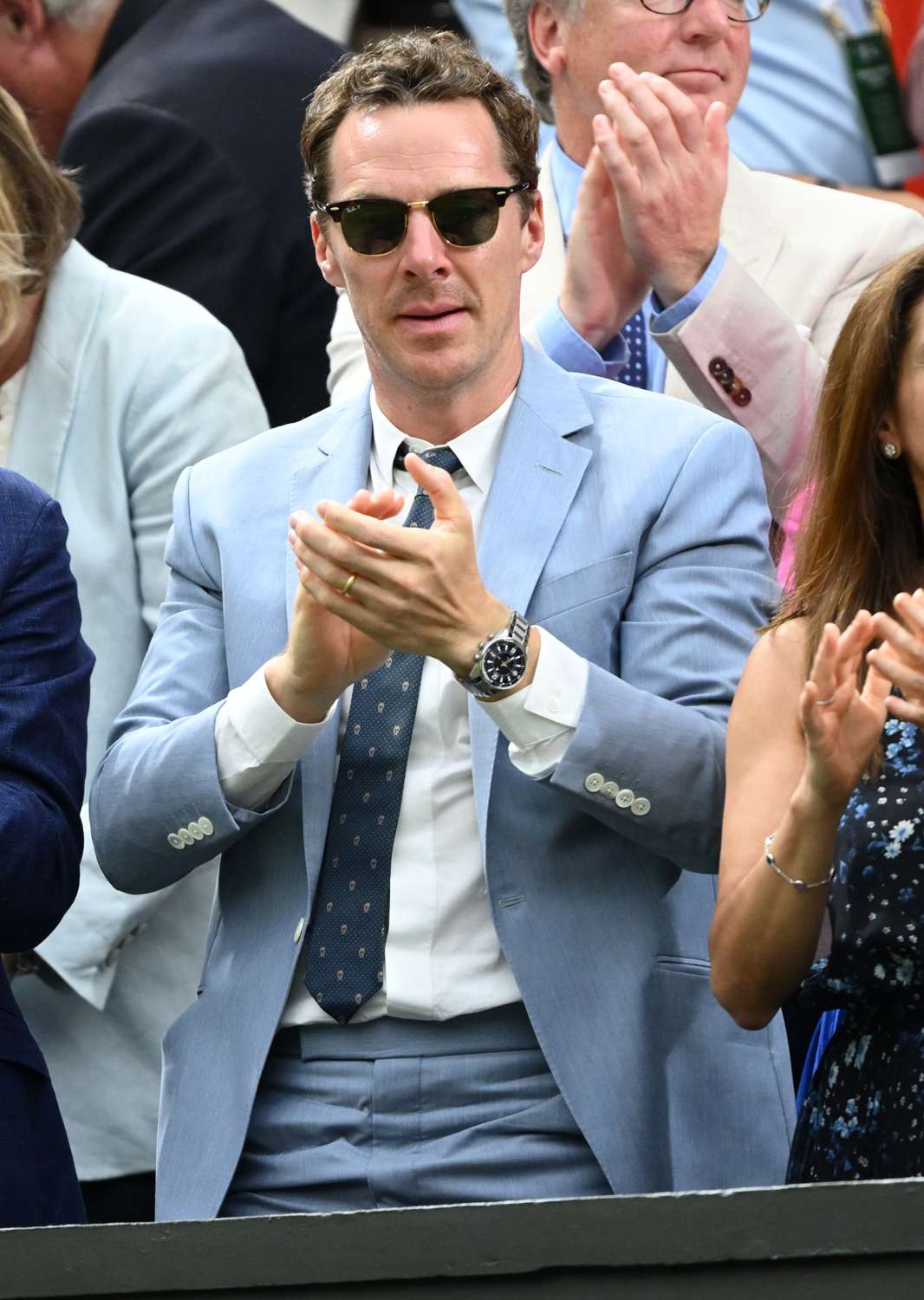 Benedict Cumberbatch celebrates as he attends day twelve of the Wimbledon Tennis Championships at All England Lawn Tennis and Croquet Club on July 14, 2023 in London, England