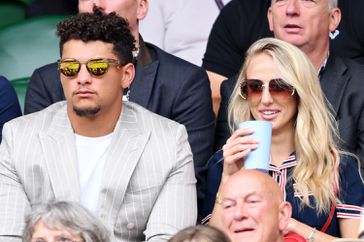 Patrick Mahomes and Brittany Mahomes attend day five of the Wimbledon Tennis Championships at the All England Lawn Tennis and Croquet Club on July 05, 2024 in London, England