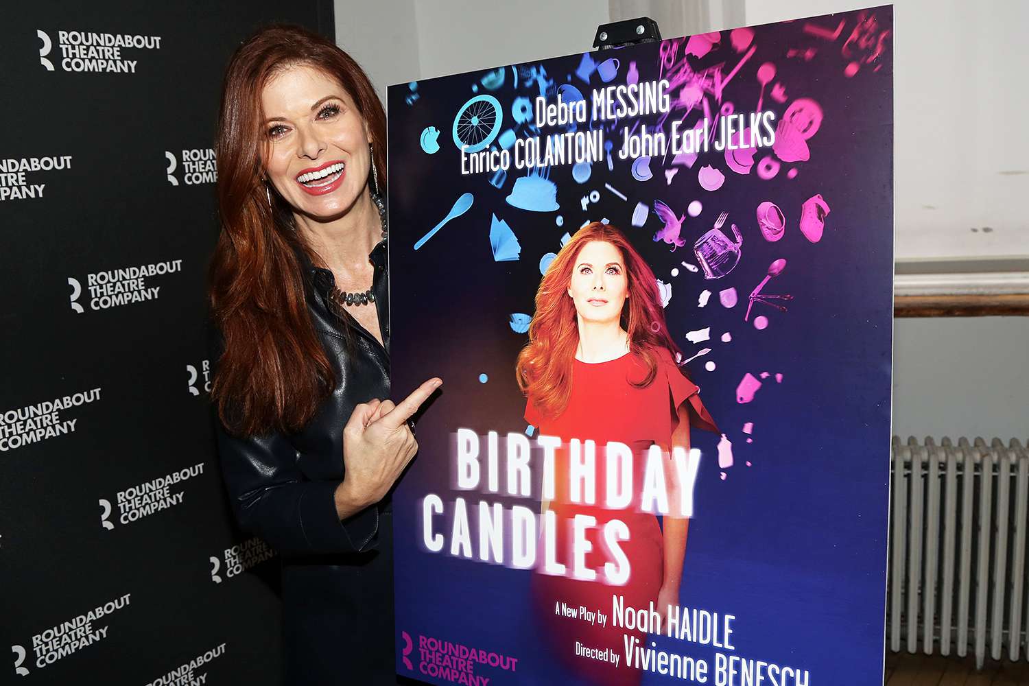 Debra Messing poses at a photo call for The Roundabout Theater Company production of the new play "Birthday Candles" on Broadway at Home Studios on February 25, 2022 in New York City.