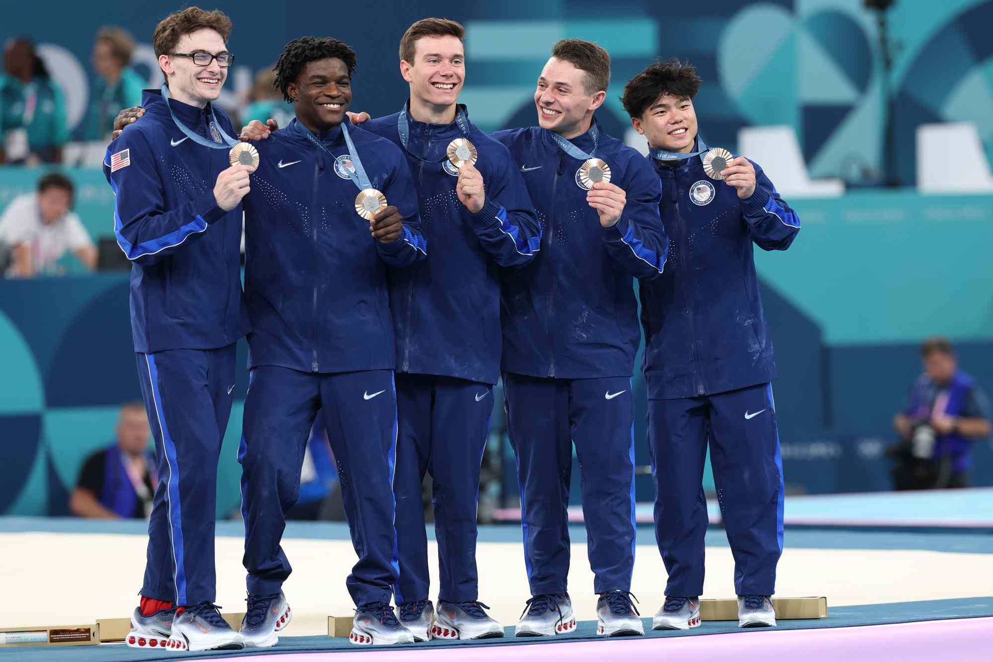 Team United States poses with their bronze medal during the podium ceremony for the Artistic Gymnastics - Men's Team Final on day 3 of the Paris 2024 Olympic Games at Bercy Arena on July 29, 2024 in Paris, France. 