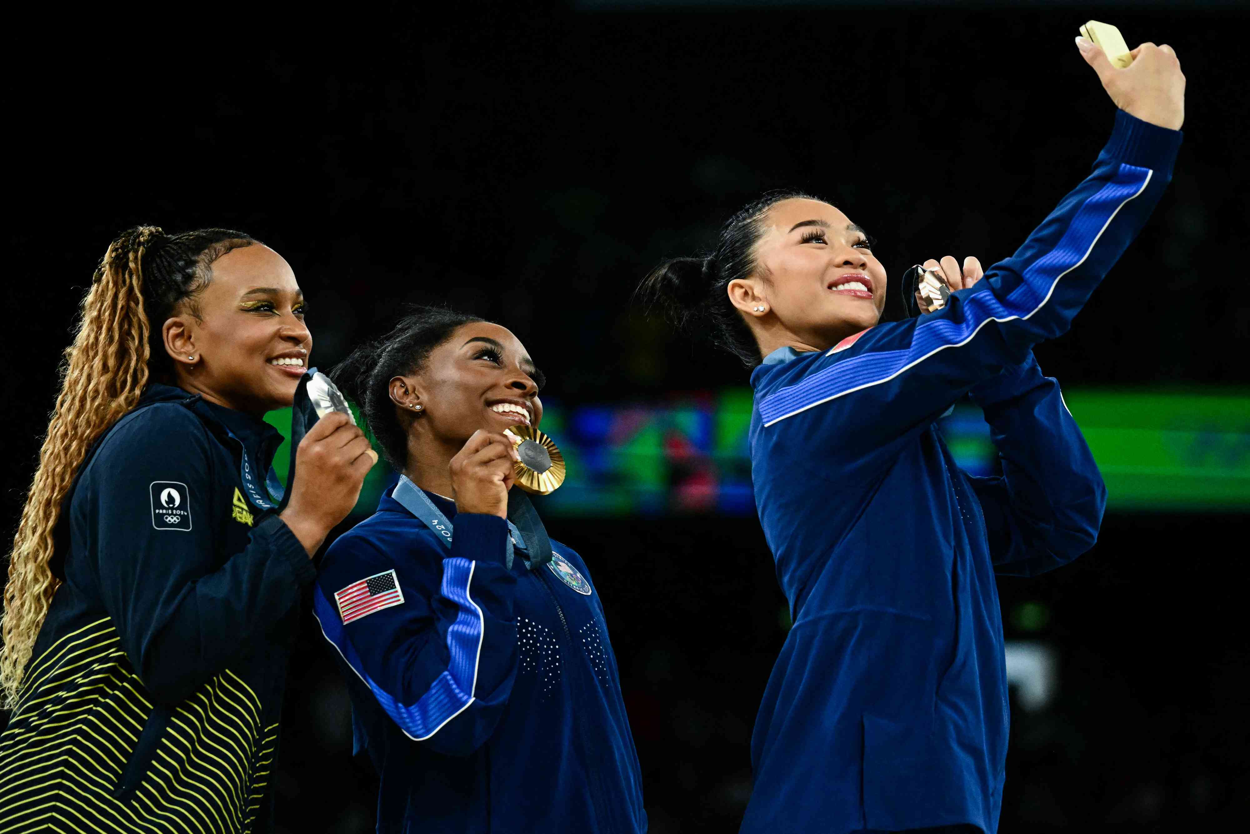 Rebeca Andrade, winner US' Simone Biles and third-placed US' Sunisa Lee