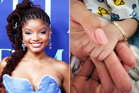 Halle Bailey attends the Australian premiere of "The Little Mermaid" at State Theatre on May 22, 2023 in Sydney, Australia.; Halle Bailey holds baby's hands on Instagram