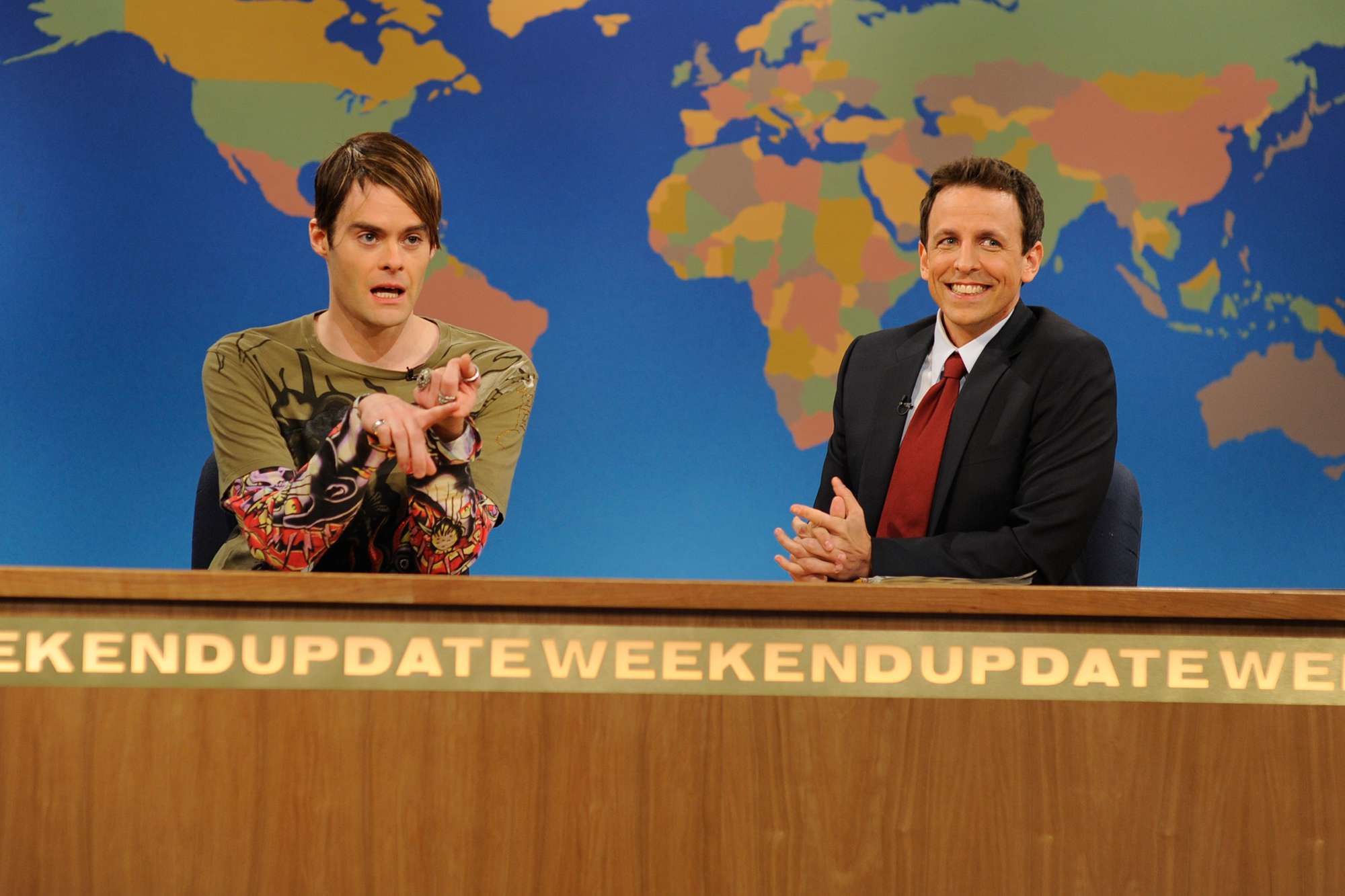 Bill Hader and Seth Meyers during "Weekend Update" on 'Saturday Night Live'.