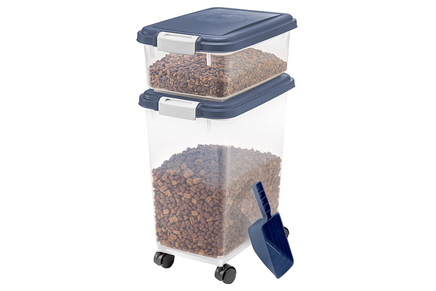 IRIS Airtight Food Storage Container filled with dry dog food. 