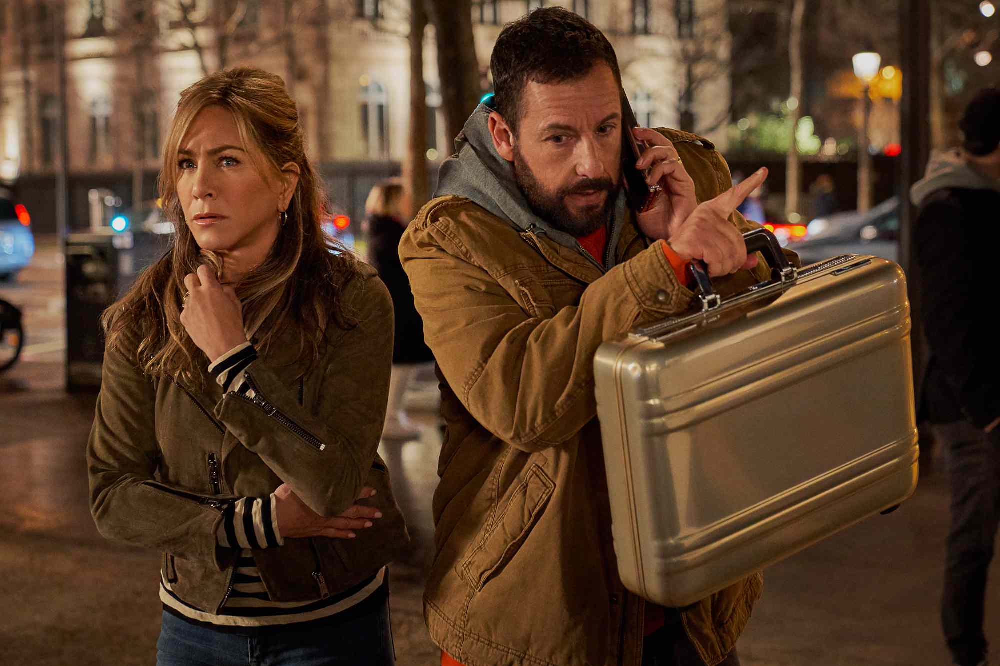 Murder Mystery 2. (L-R) Jennifer Aniston as Audrey Spitz and Adam Sandler as Nick Spitz in Murder Mystery 2.