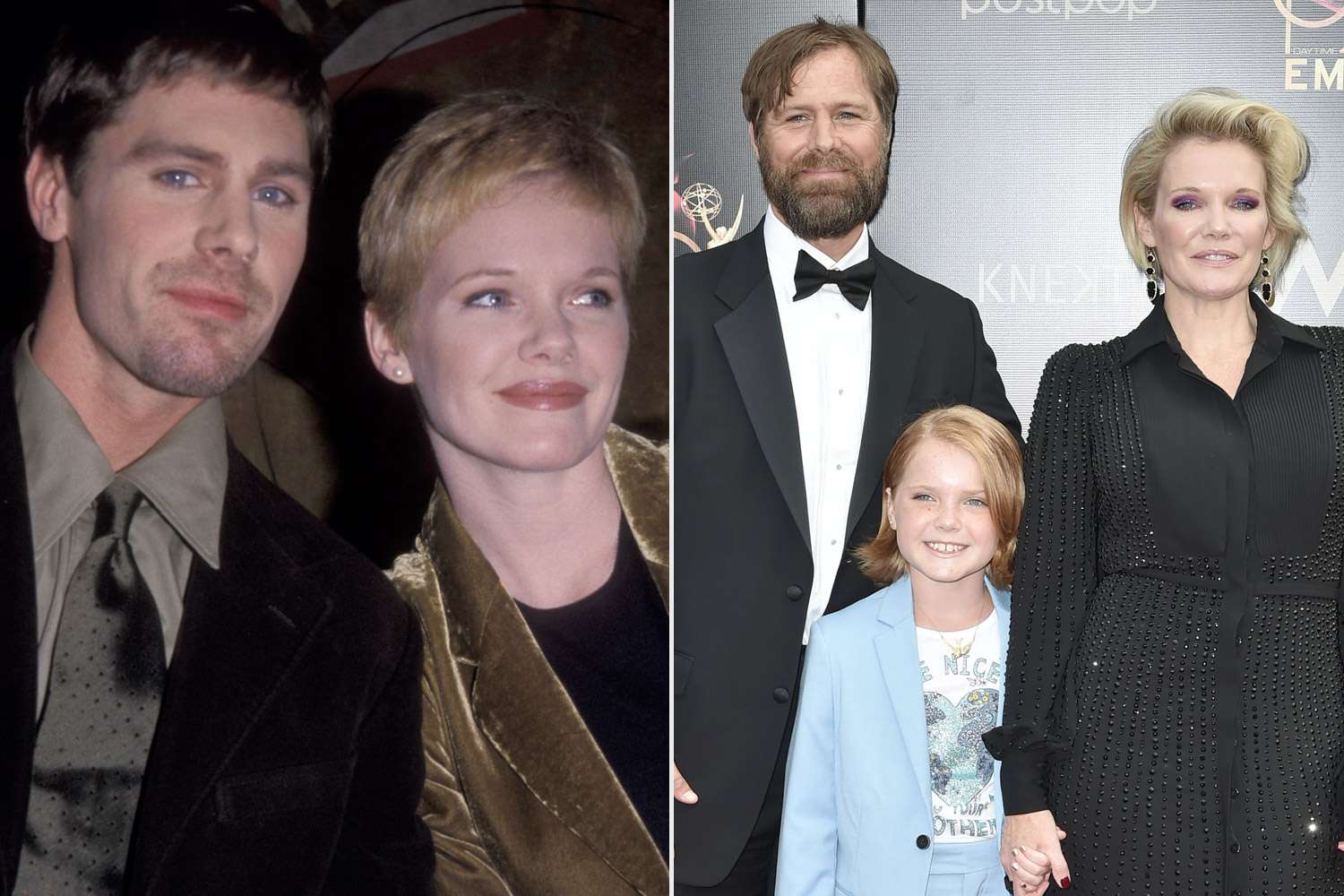 NEW YORK CITY - MARCH 11: Maura West and Scott DeFreitas attend 26th Annual Daytime Emmy Awards Nominees Luncheon on March 11, 1999 at the Rainbow Room in New York City. (Photo by Ron Galella, Ltd./Ron Galella Collection via Getty Images); PASADENA, CALIFORNIA - MAY 05: (L-R) Scott DeFreitas, Birdie West DeFreitas and Maura West attends the 46th annual Daytime Emmy Awards at Pasadena Civic Center on May 05, 2019 in Pasadena, California. (Photo by David Crotty/Patrick McMullan via Getty Images)