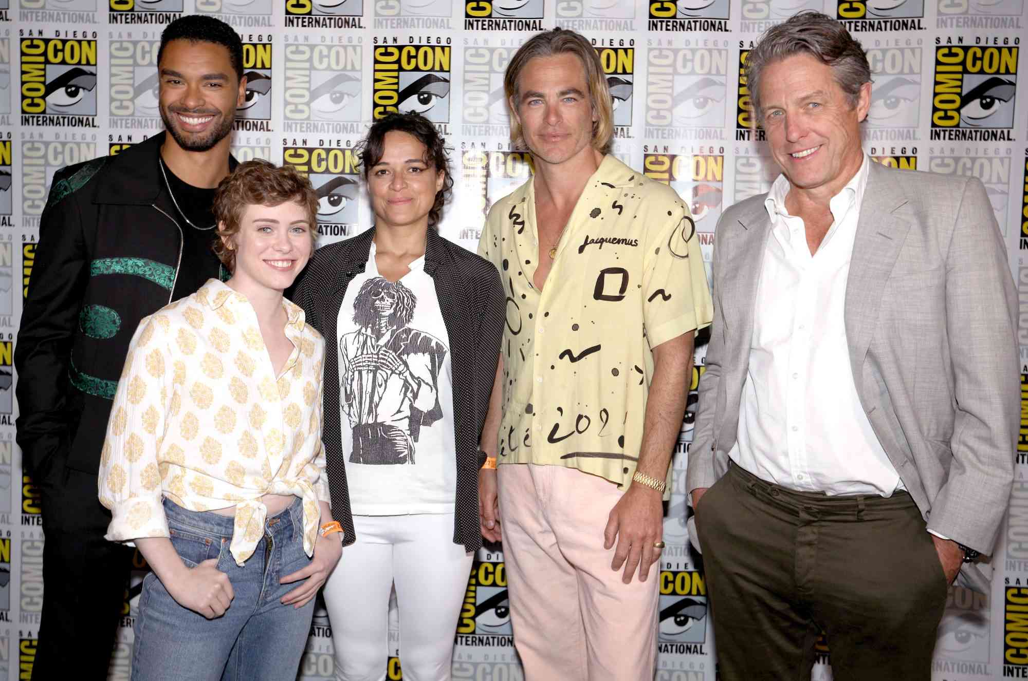 Regé-Jean Page, Sophia Lillis, Michelle Rodriguez, Chris Pine, and Hugh Grant attend Paramount Pictures and eOne's Comic-Con presentation of "Dungeons & Dragons: Honor Among Thieves"