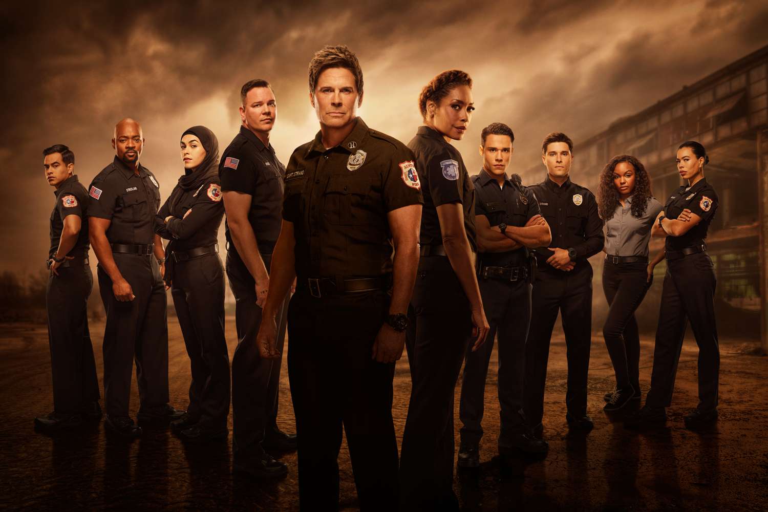 ulian Works as Mateo Chavez, Brian Michael Smith as Paul Strickland, Natacha Karam as Marjan Marwani, Jim Parrack as Judd Ryder, Rob Lowe as Owen Strand, Gina Torres as Tommy Vega, Rafael Silva as Carlos Reyes, Ronen Rubenstein as T.K. Strand, Sierra McClain as Grace Ryder and Brianna Baker as Nancy Gillian in Season Four of 9-1-1: LONE STAR on FOX