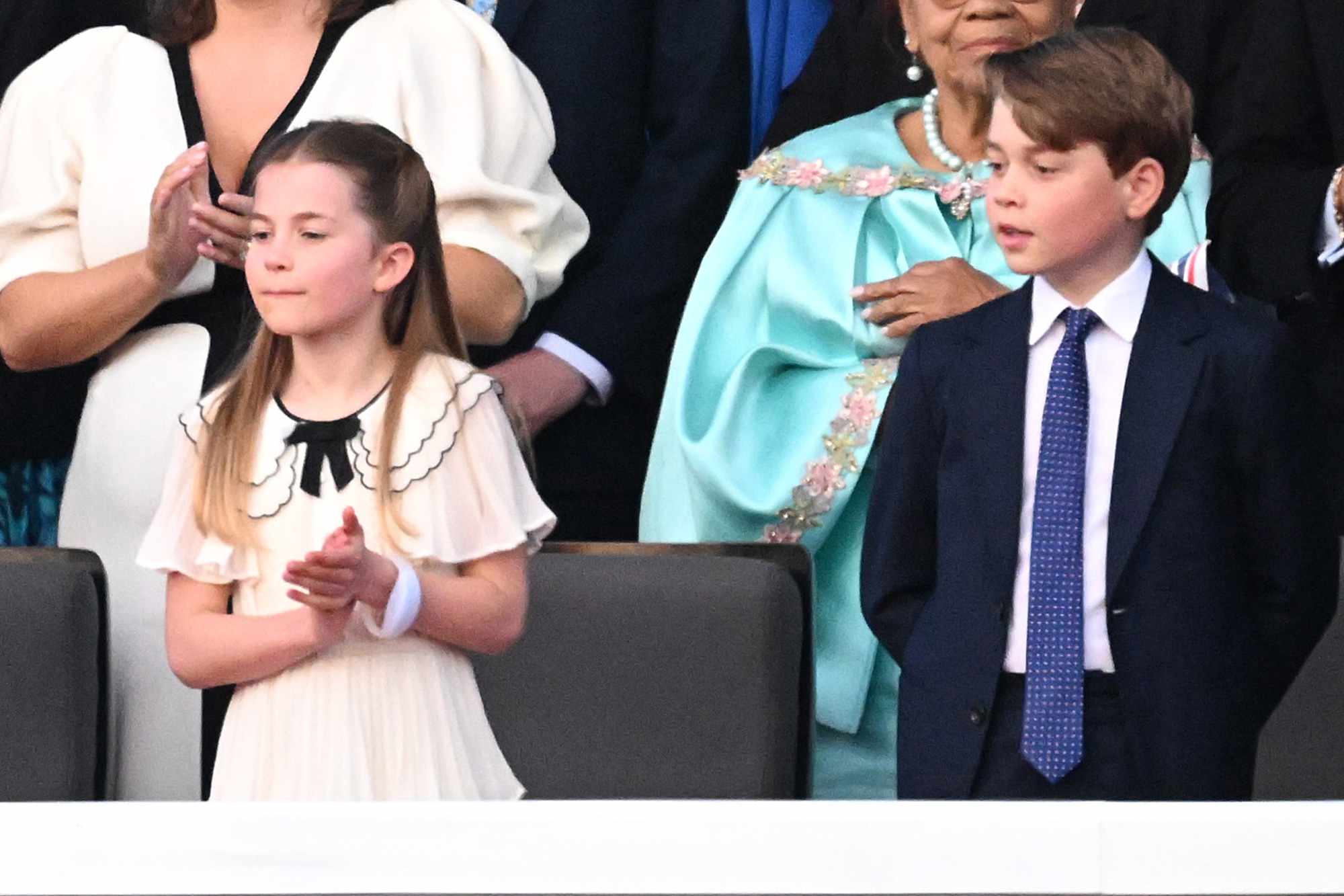 Princess Charlotte of Wales and Prince George of Wales during the Coronation Concert on May 07, 2023 in Windsor, England.