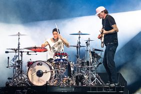 Travis Barker and Tom DeLonge of Blink-182 perform during 2024 Lollapalooza Festival at Grant Park on August 04, 2024 in Chicago, Illinois.