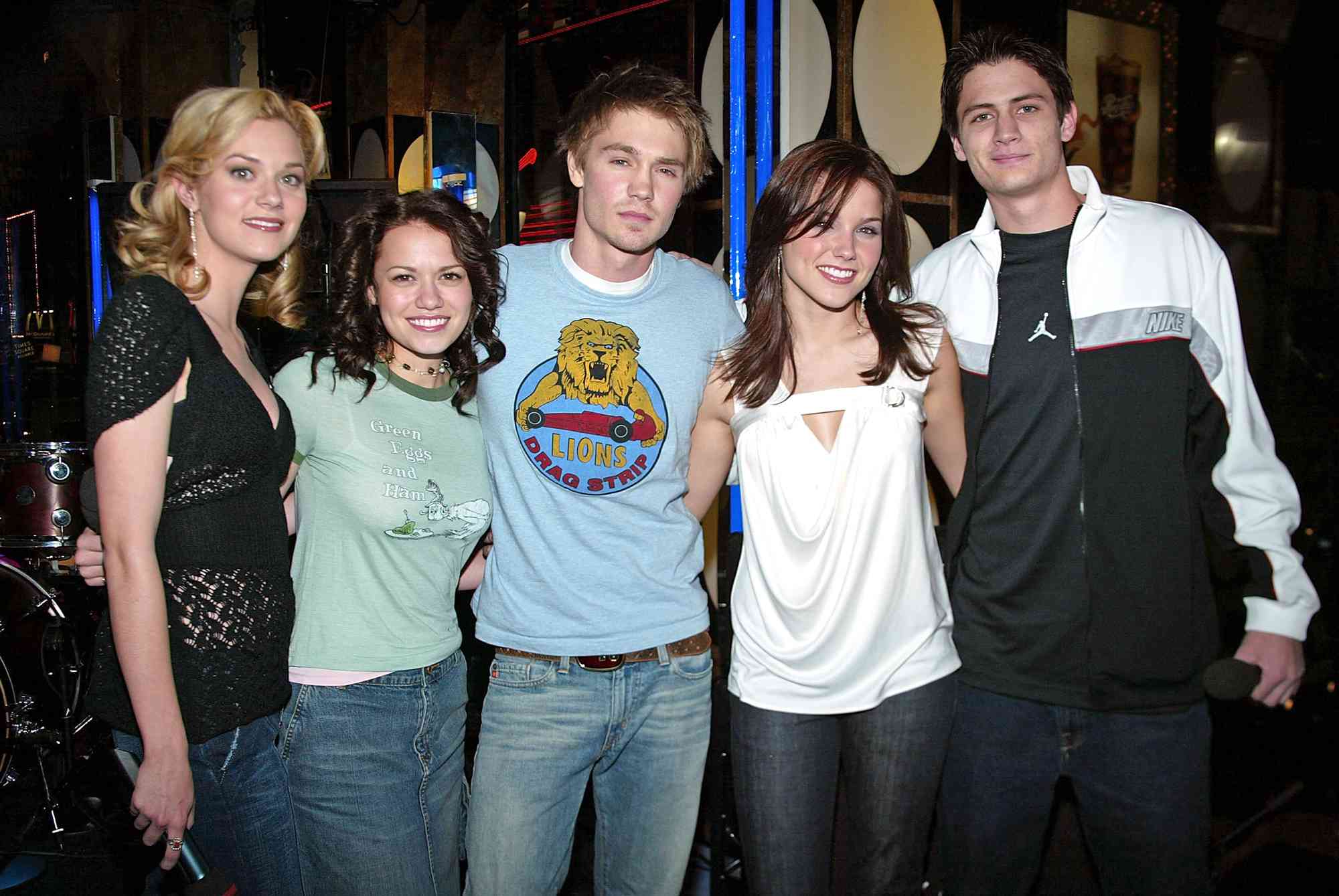 The cast of "One Tree Hill", Hilarie Burton, Chad Michael Murray, Sophia Bush, Bethany Joy Lenz, and James Lafferty on stage during "TRL BreakOut Stars Week" on MTV's Total Request Live held on January 16, 2004 at the MTV Times Square Studios in New York City.