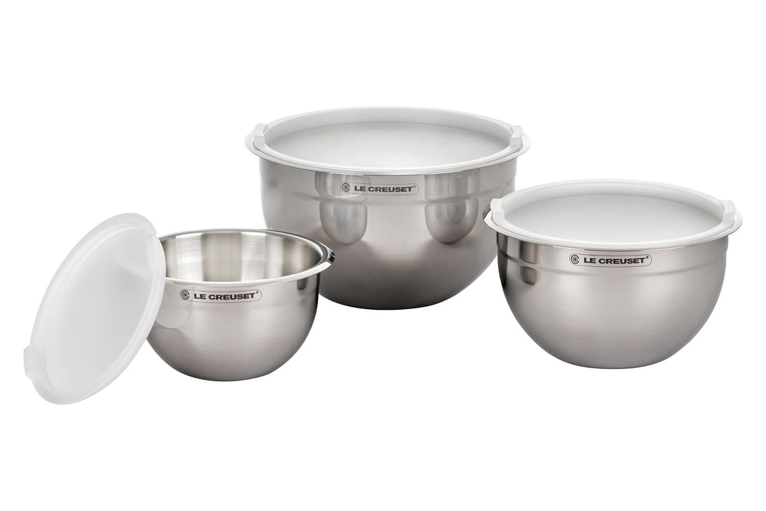  Le Creuset Set of 3 Nested Mixing Bowls w/Nonslip Silicone Base & Plastic Air Tight Lids