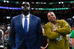 Shaquille O'Neal and Paul Pierce looks on before the game between the Dallas Mavericks and the Boston Celtics during Game 2 of the 2024 NBA Finals on June 9, 2024 at the TD Garden in Boston, Massachusetts