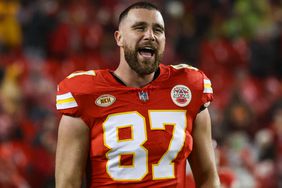 Travis Kelce #7 of the Kansas City Chiefs warms up prior to an NFL football game against the Philadelphia Eagles at GEHA Field at Arrowhead Stadium on November 20, 2023 in Kansas City, Missouri.