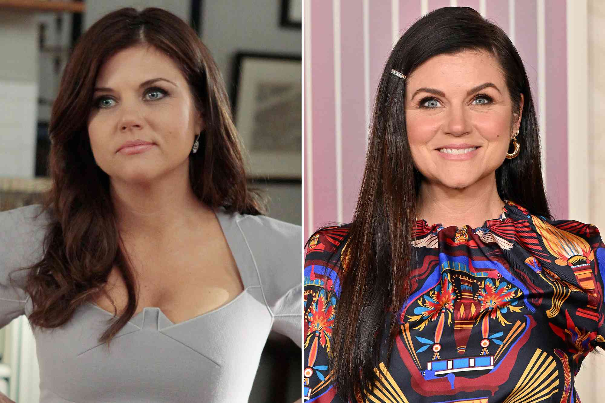 Tiffani Thiessen as Elizabeth Burke in 'White Collar'. ; Tiffani Thiessen attends "The Hunger Games: The Ballad Of Songbirds & Snakes" Los Angeles Premiere on November 13, 2023 in Hollywood, California.