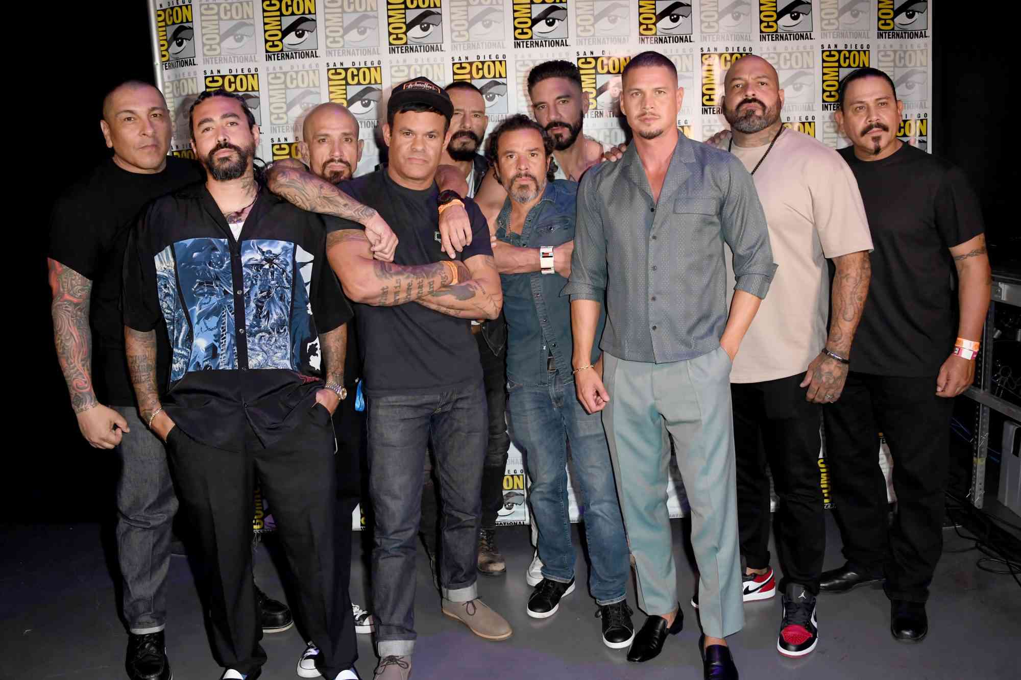 SAN DIEGO, CALIFORNIA - JULY 24: (L-R) Frankie Loyal, Gino Vento, Joseph Raymond Lucero, Elgin James, Raoul Max Trujillo, Michael Irby, Clayton Cardenas, JD Pardo, Vincent Vargas, and Emilio Rivera attend at FX's "MAYANS M.C." panel during 2022 Comic-Con International: San Diego at San Diego Convention Center on July 24, 2022 in San Diego, California. (Photo by Albert L. Ortega/Getty Images)