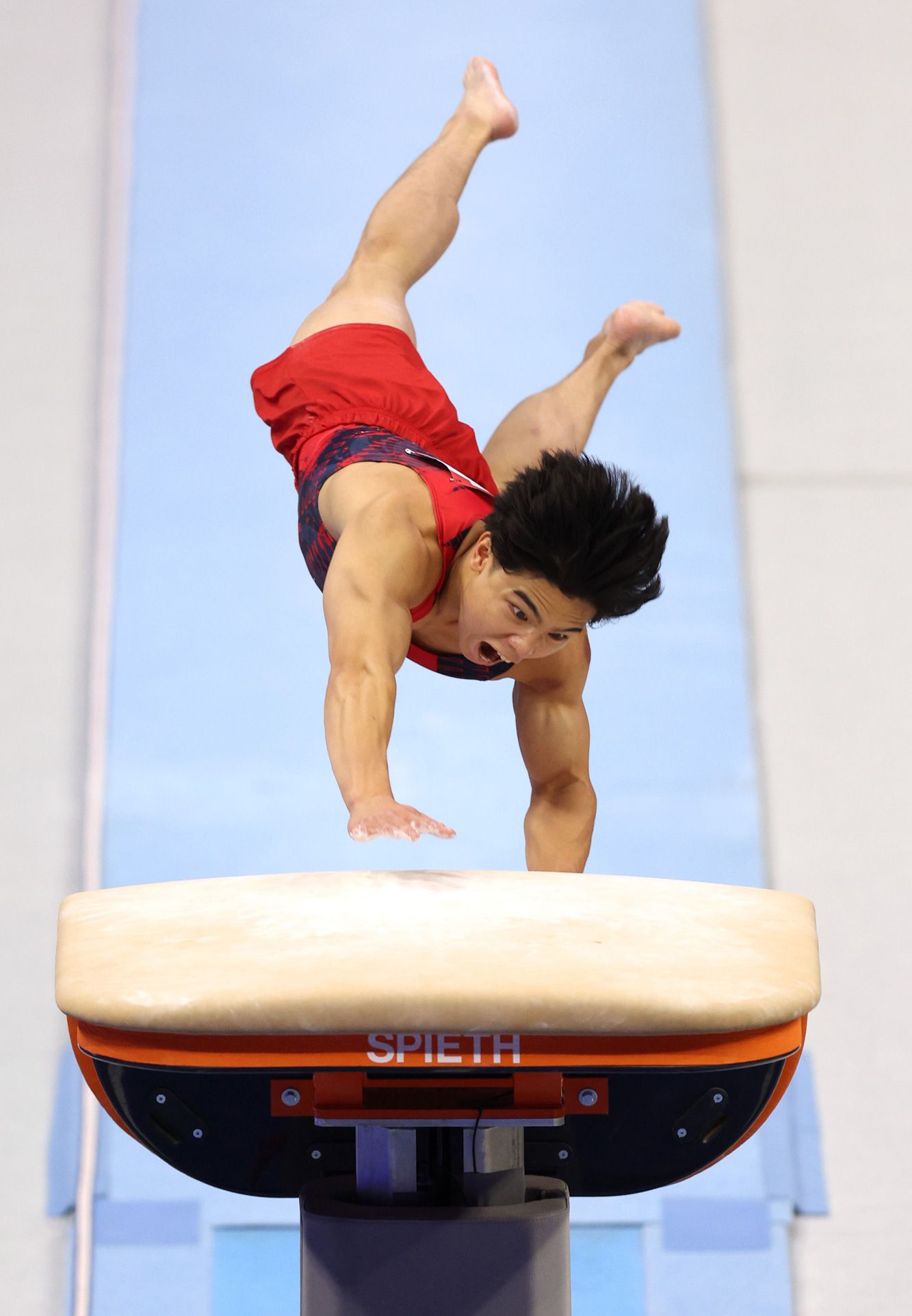 Asher Hong competes on the vault routine on Day Three of the 2024 U.S. Olympic Team Gymnastics Trials at Target Center on June 29, 2024