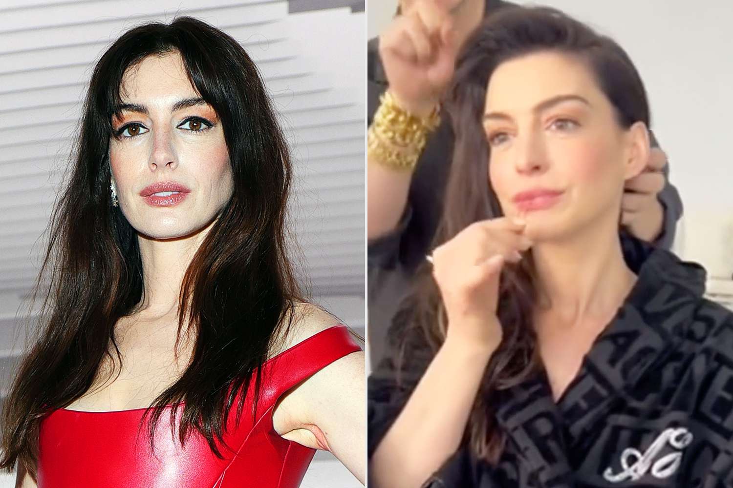 Anne Hathaway attends the Versace fashion show during the Milan Fashion Week Womenswear Fall/Winter 2024-2025 on February 23, 2024 in Milan, Italy.; Anne Hathaway shows off lip trick on TikTok