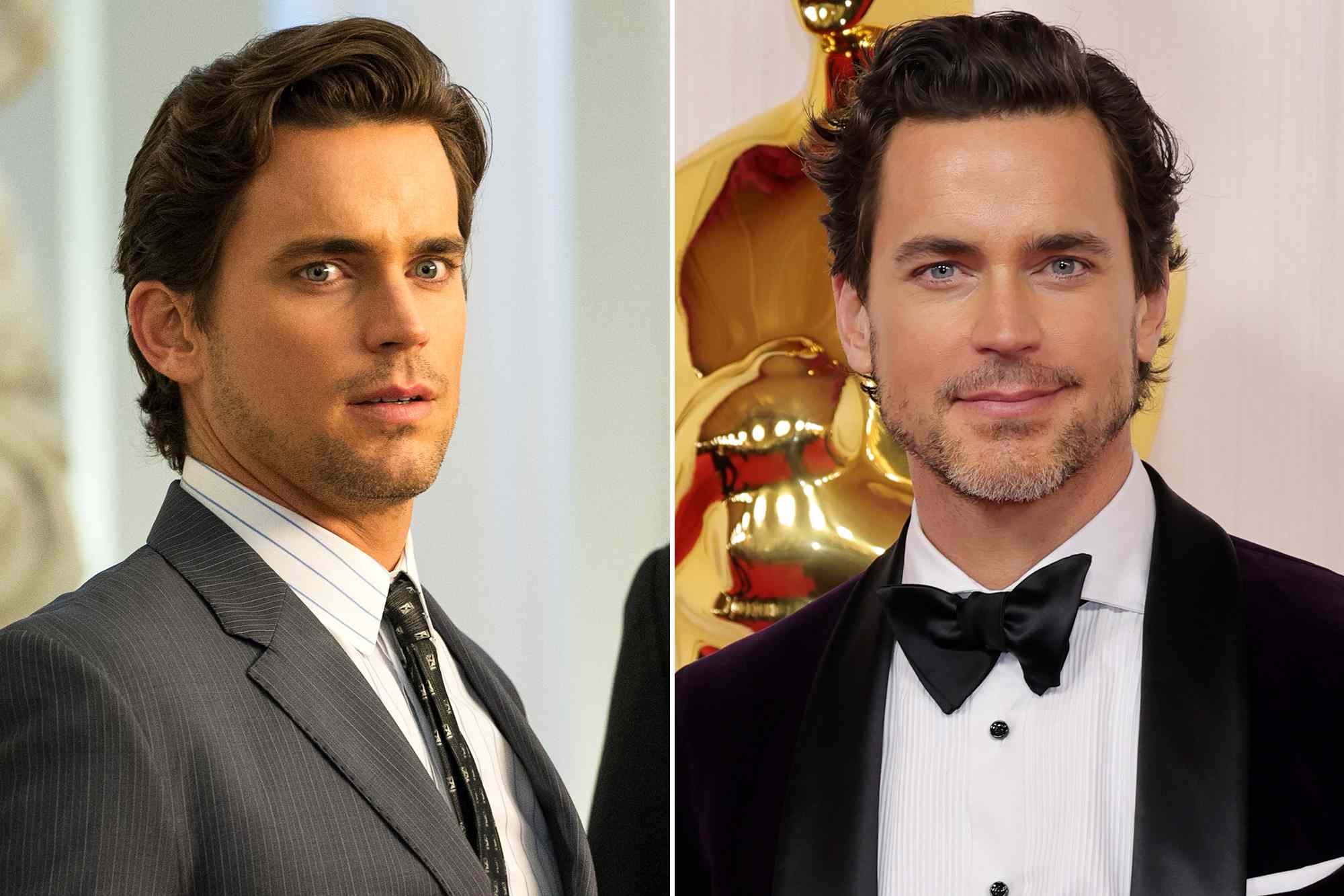 Matt Bomer as Neal Caffrey in 'White Collar'. ; Matt Bomer attends the 96th Annual Academy Awards on March 10, 2024 in Hollywood, California. 