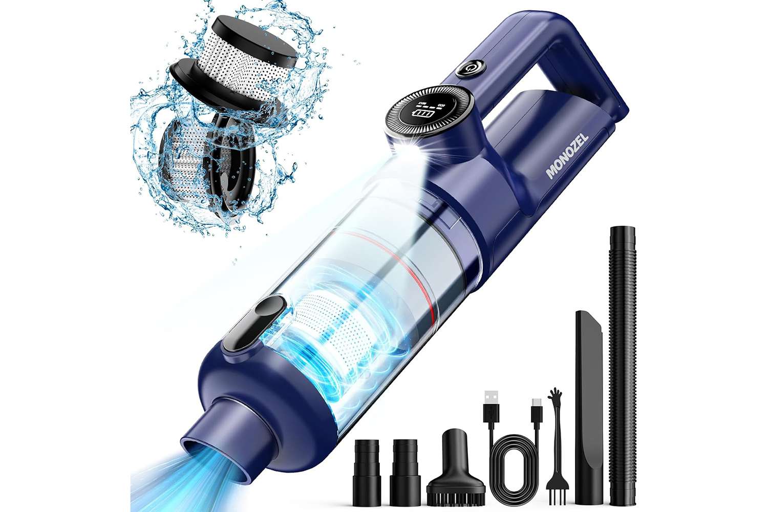 MONOZEL Handheld Vacuum Cordless - Car Vacuum Cleaner with Brushless Motor, 15000Pa Strong Suction Vacuum with LED Light, Type C Port, 2 Fliters, Portable Hand Vacuum for Home, Pet and Car