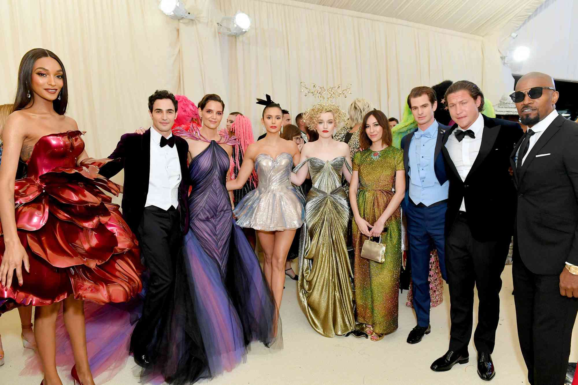 Jourdan Dunn, Zac Posen, Katie Holmes, Nina Dobrev, Julia Garner, Gia Coppola, Andrew Garfield, Vito Schnabel, and Jamie Foxx attend The 2019 Met Gala Celebrating Camp: Notes on Fashion at Metropolitan Museum of Art on May 06, 2019 in New York City.