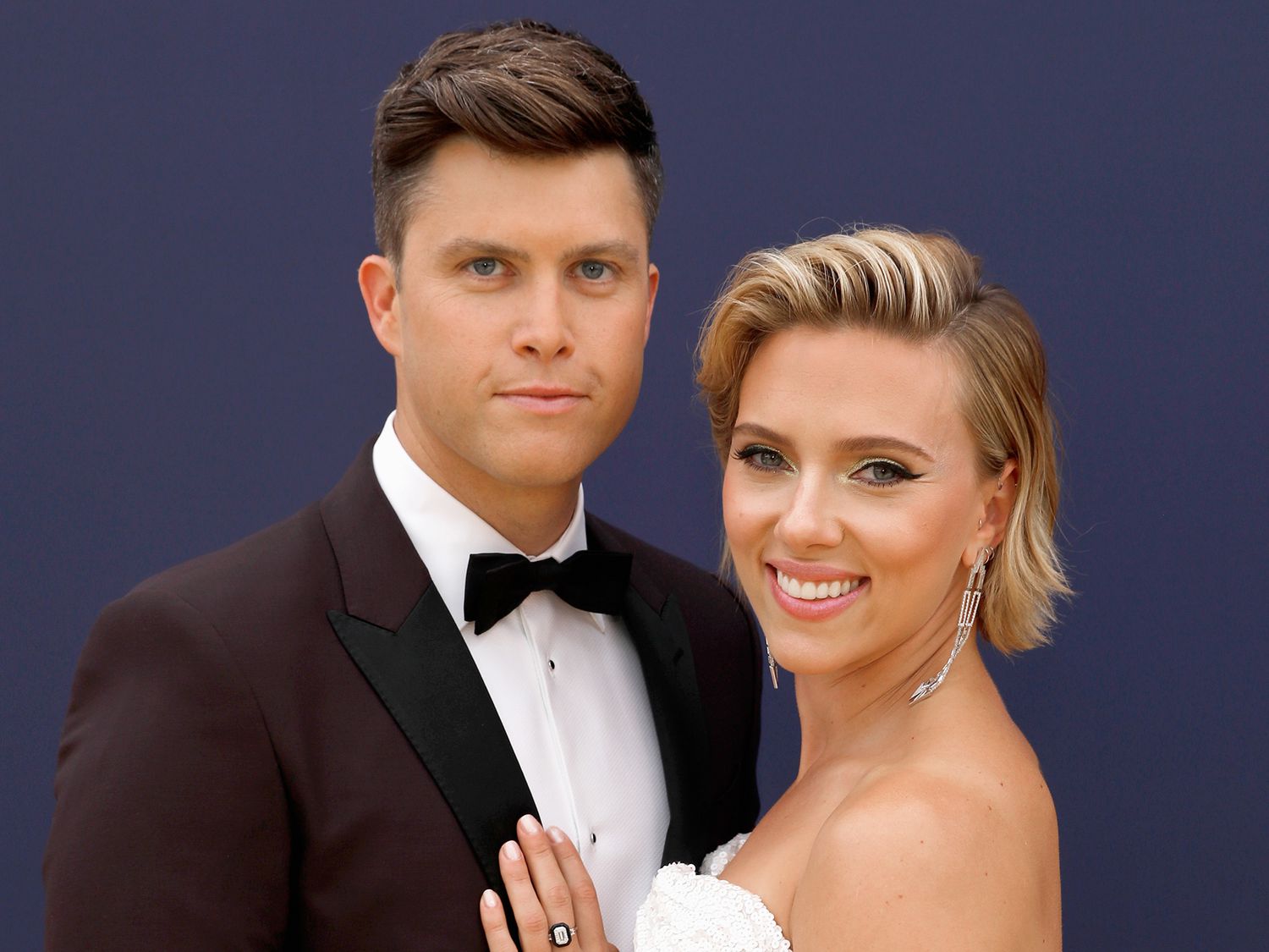 Colin Jost and actor Scarlett Johansson arrive to the 70th Annual Primetime Emmy Awards held at the Microsoft Theater on September 17, 2018