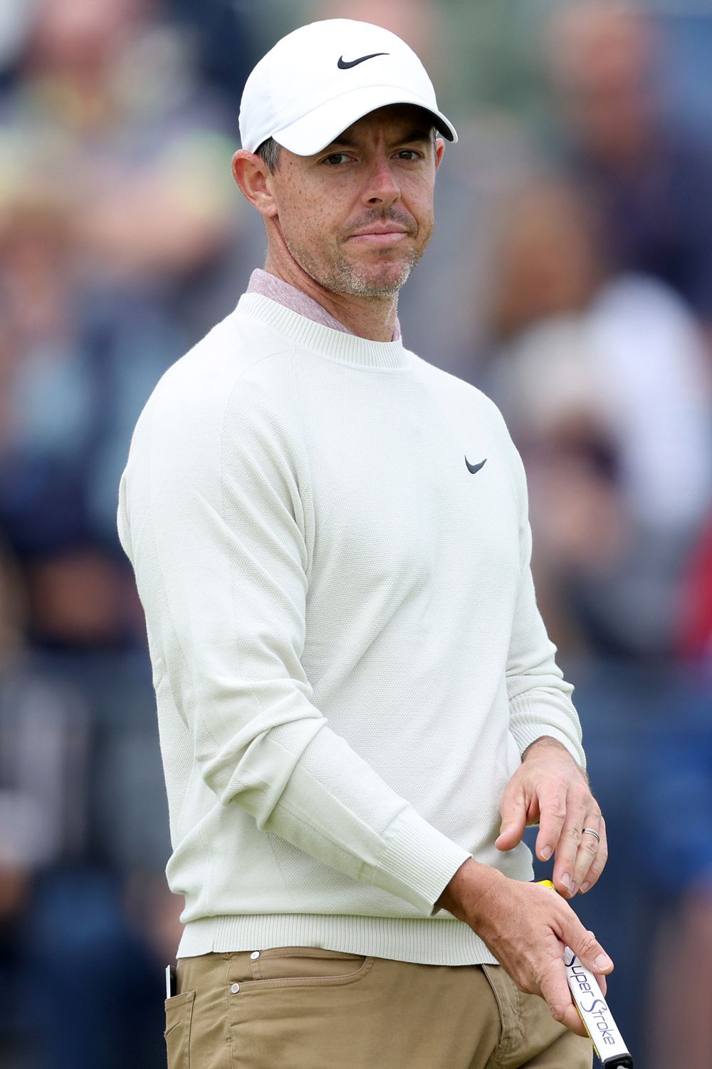 Rory McIlroy of Northern Ireland reacts on the 13th hole during a practice round prior to The 152nd Open championship at Royal Troon on July 17, 2024