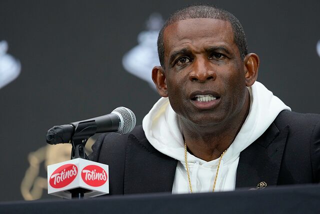 Colorado head coach Deion Sanders speaks during the Big 12 NCAA college football media days in Las Vegas, Wednesday, July 10, 2024. (AP Photo/Lucas Peltier)