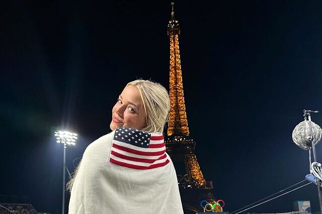 Olivia Dunne in a beach volleyball match at the Olympics