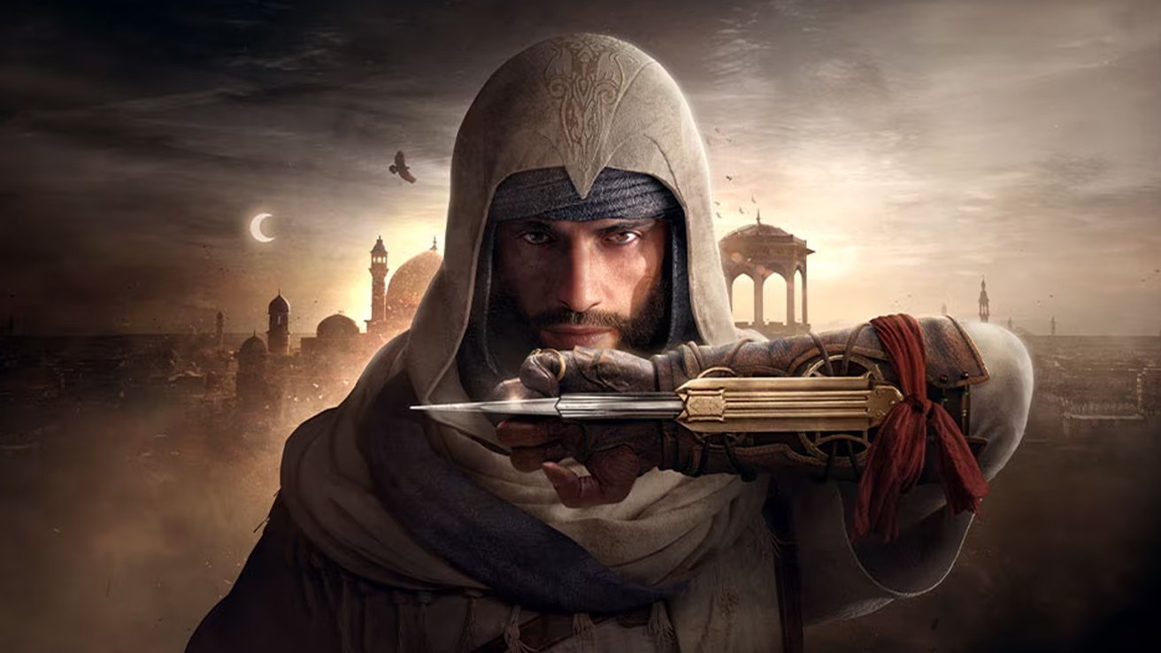 A hooded figure holding a hidden blade in a Middle Eastern cityscape, with a crescent moon, bird, and historic architecture in the background.