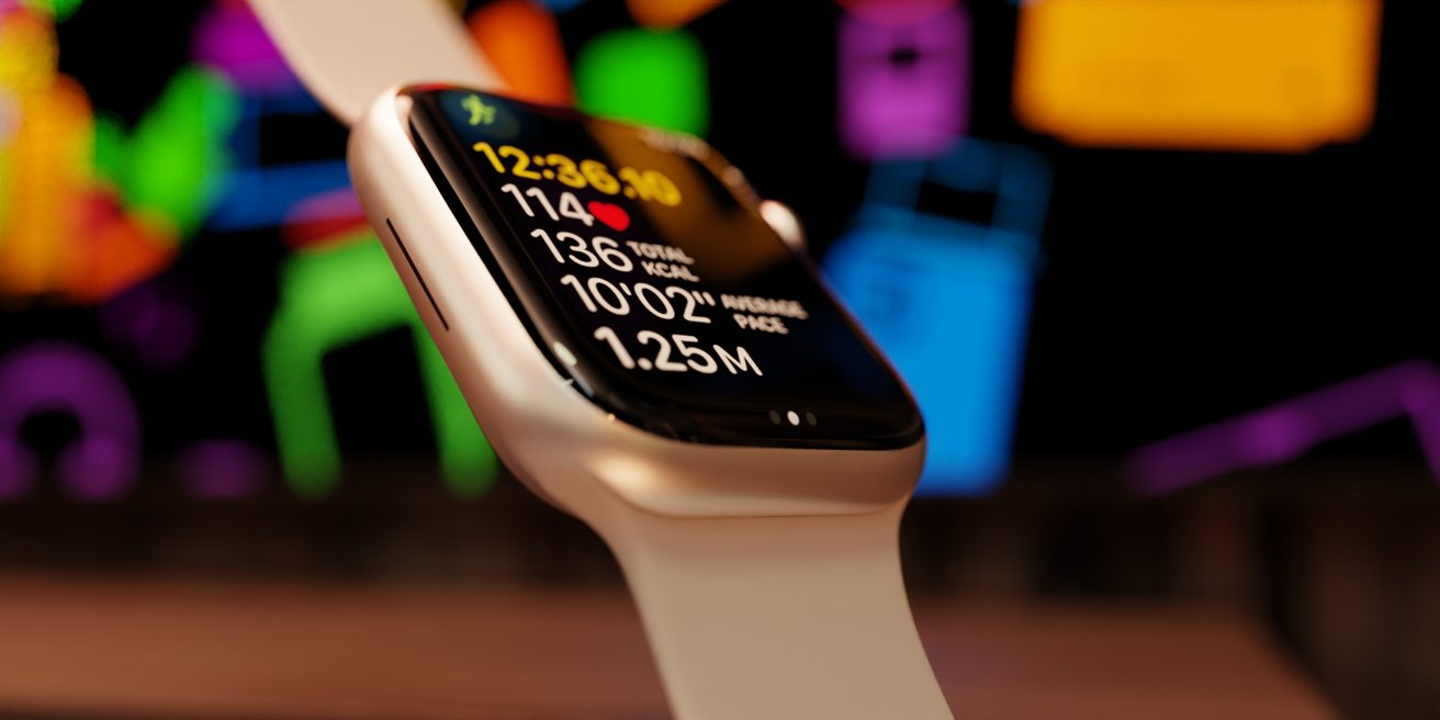 Smartwatch with a white band displaying time, heart rate, caloric burn, pace, and distance. Background features colorful abstract shapes.