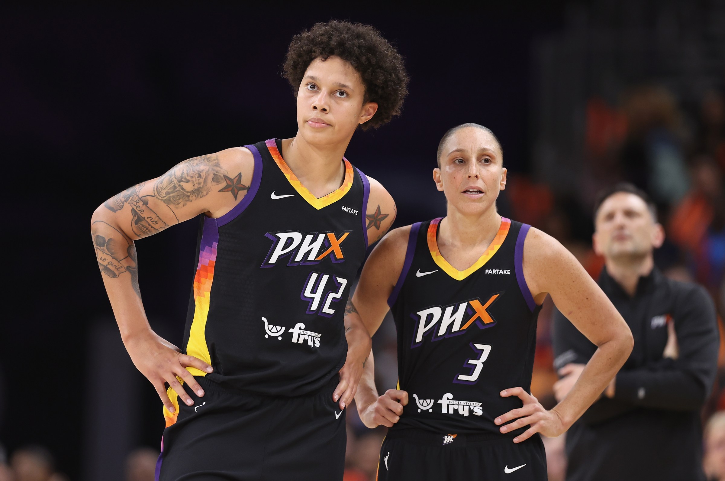 Brittney Griner, left, and Diana Taurasi will be headed to Paris. Taurasi is one of the players ahead of Clark on the US depth chart and will be aiming for her sixth basketball gold medal.