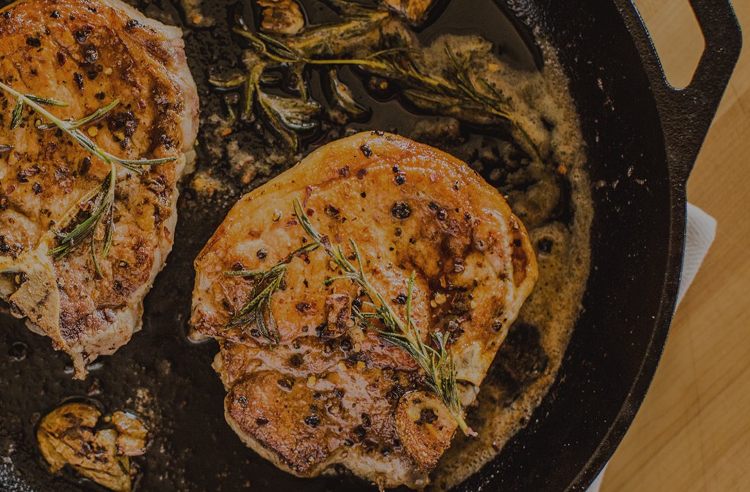 Pork chops in a skillet