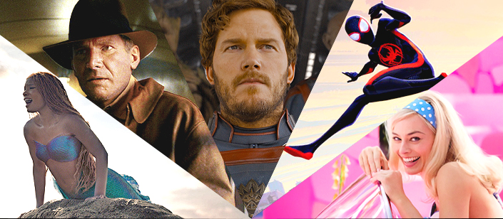 Images from The Little Mermaid, Indiana Jones and the Dial of Destiny, Guardians of the Galaxy Vol. 3, Spider-Man: Across the Spider-Verse, and Barbie