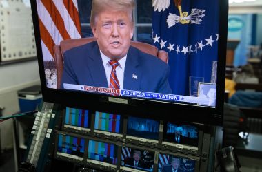 President Donald Trump's address about the government shutdown is streamed on a television screen in the Press Briefing Room of the White House in Washington, D.C., on January 8th, 2019.