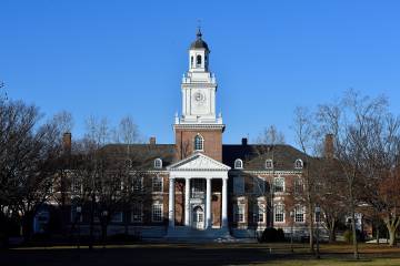 The sun shines on the Homewood campus on a lovely late fall day during final exam period.