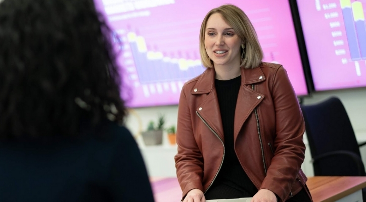 An adult woman sitting on a table talking to another person in an office