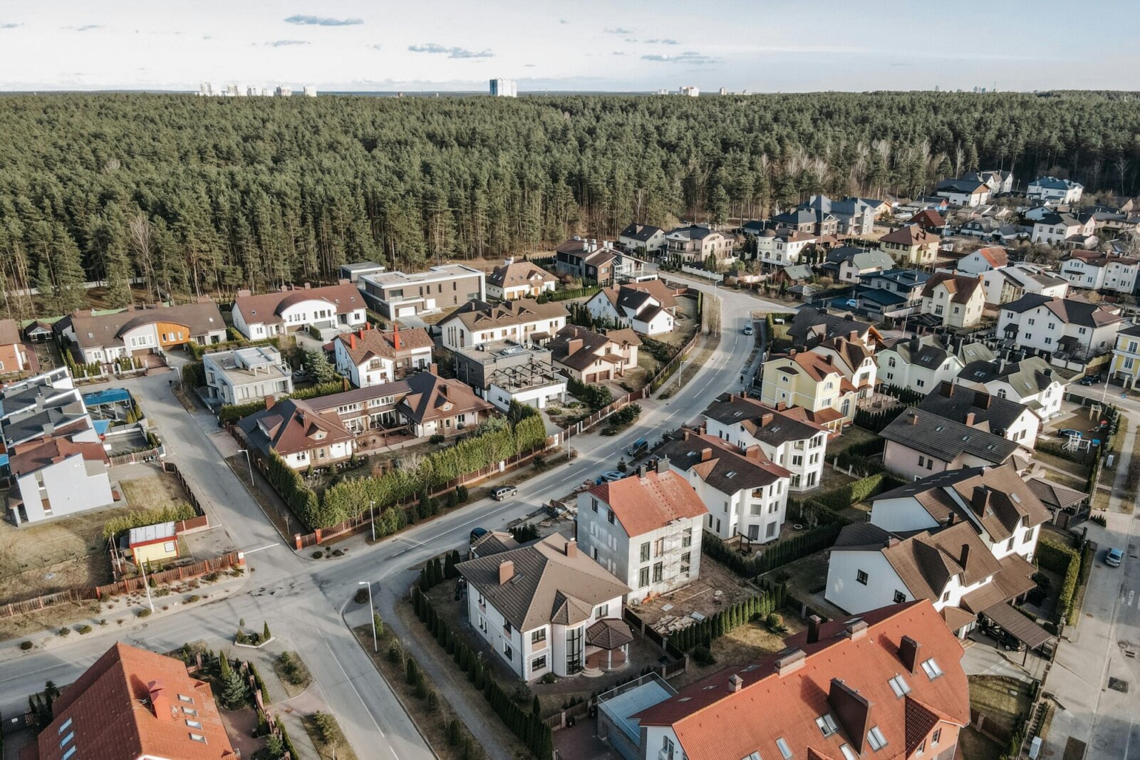 aerial view of a neighborhood surrounded by trees