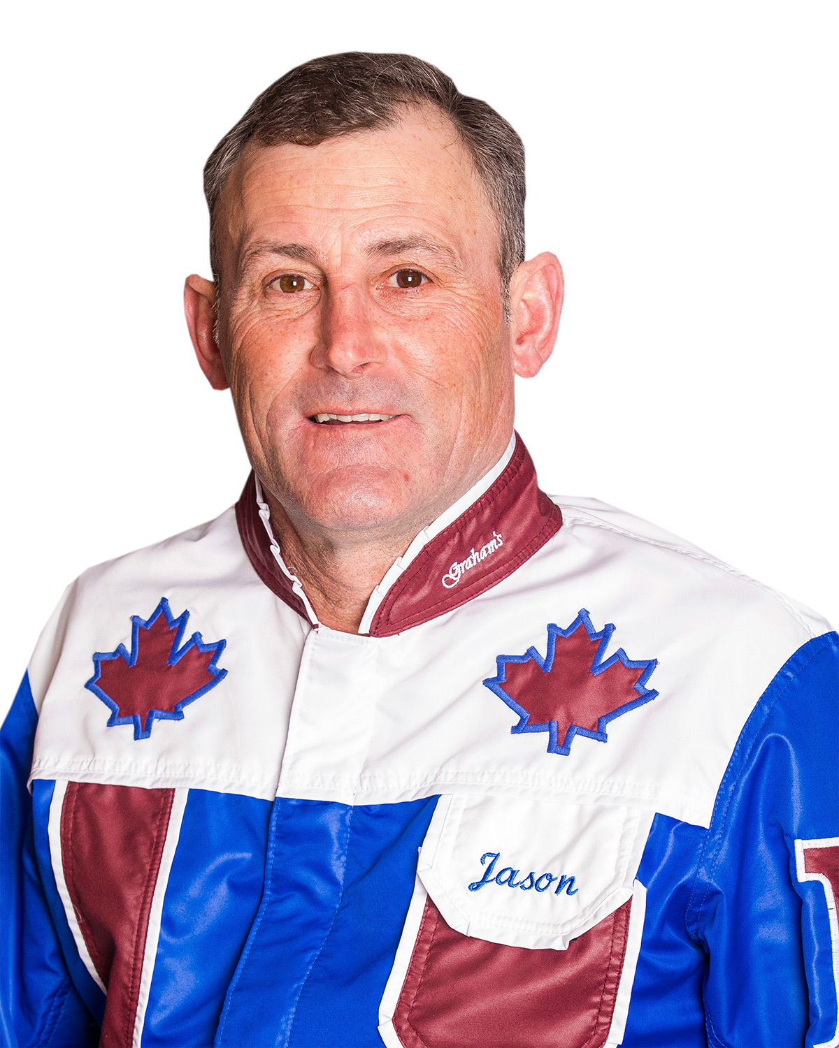 Jason Hughes headshot. PEI Harness Racing Driver from Stratford. Colors: Blue-Burgundy-White.