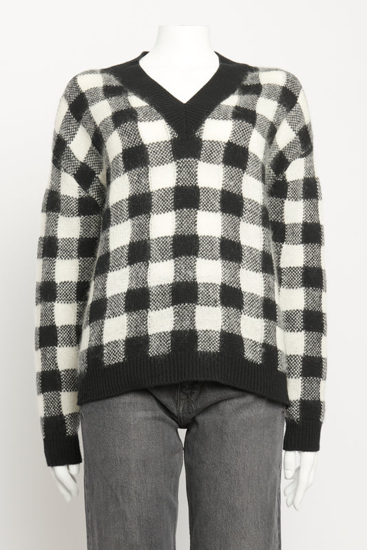 Monochrome Cashmere & Mohair Blend Preowned Check V-Neck Jumper