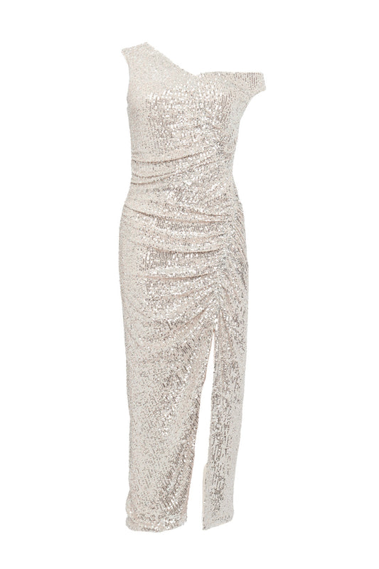 Silver Sequin Gathered Asymmetric Midi Dress