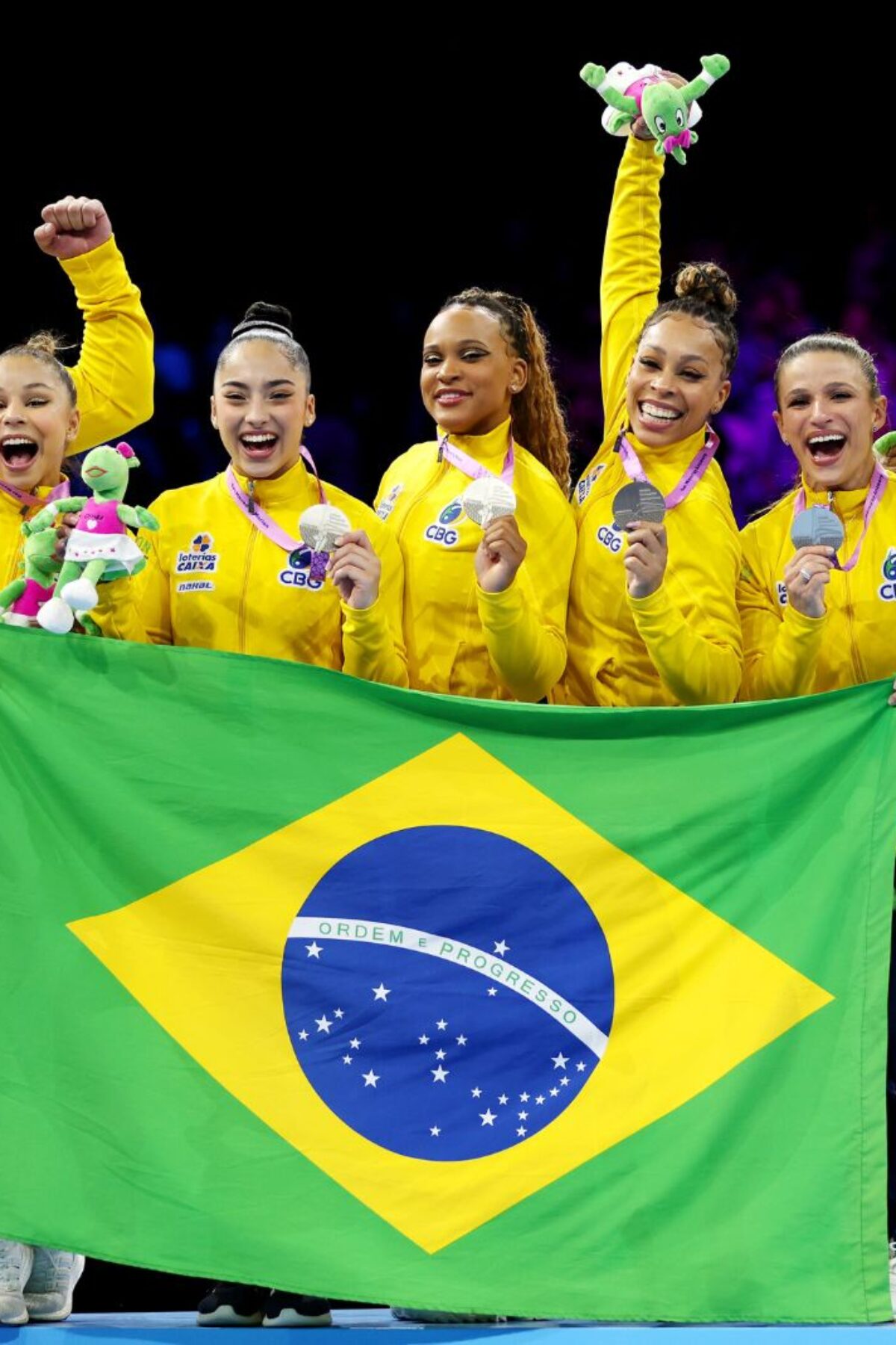 ANTWERP, BELGIUM - OCTOBER 04: Silver medalists of Team Brazil pose for a photo during the medal ceremony for the Women's Team Final on Day Five of the 2023 Artistic Gymnastics World Championships on October 04, 2023 in Antwerp, Belgium. (Photo by Naomi Baker/Getty Images)