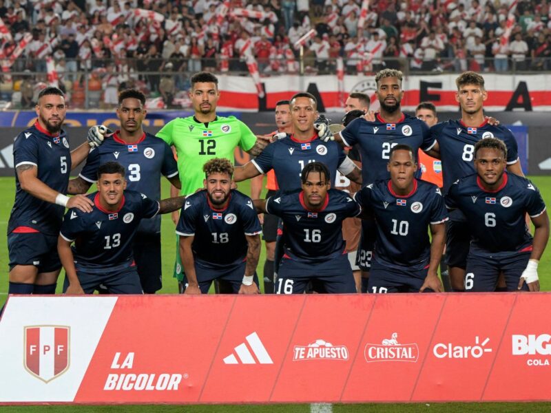 Dominican Republic's players pose for a picture before the start of the international friendly football match between Peru and Dominican Republic at the Monumental Stadium in Lima on March 26, 2024. (Photo by ERNESTO BENAVIDES / AFP) (Photo by ERNESTO BENAVIDES/AFP via Getty Images)